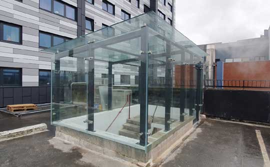 Large section steel frame for glass cover to car park access perspective view expanded